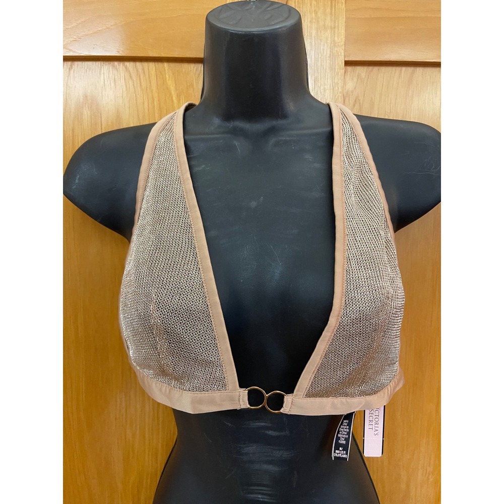 Victorias Secret‎ Metallic Mesh Bralette Gold Tan Racerback Ring Detail Medium